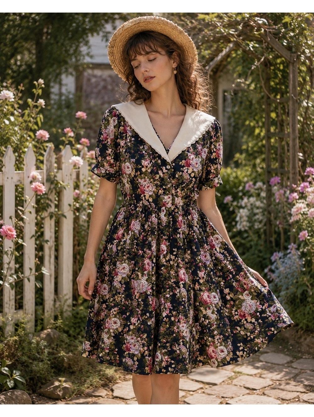Vintage Tina Barrie Floral Prairie Dress PS Sailor Collar Cottagecore USA‎ PS